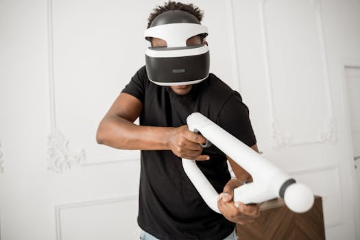 A man wearing VR glasses actively engaged in a virtual reality gaming experience indoors.