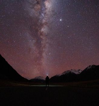 在新西兰坎特伯雷的星空下，一个人站在银河系的映衬下