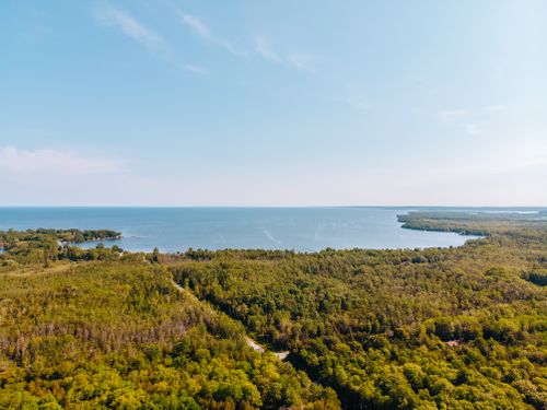 Free Stunning aerial view of lush forest meeting the endless blue ocean horizon. Stock Photo