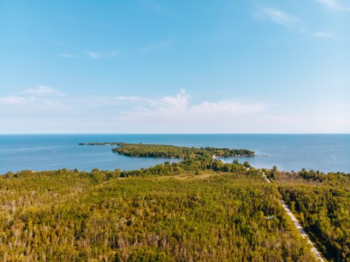 Free Drone shot capturing a summer view of a forested coastline and sea under a blue sky. Stock Photo