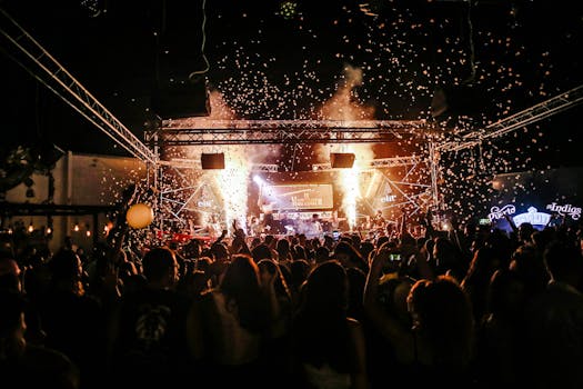 Energetic live concert at night with a vibrant crowd enjoying music and fireworks.