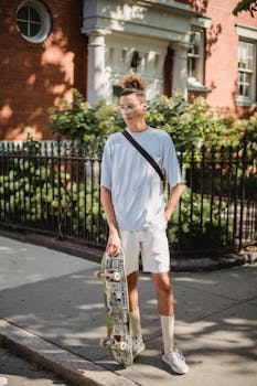 Full body of young ethnic guy with curly hair in stylish clothes and eyeglasses resting on sidewalk near brick building with skateboard and looking away
