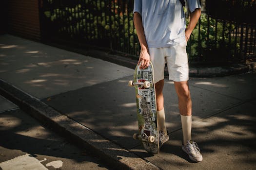 Young skater with skateboard enjoying a summer day on the urban sidewalk.