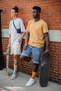 Full body young calm diverse male skaters standing with skateboard against brick wall and looking away