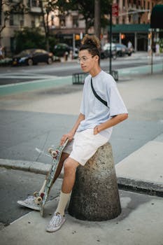 Young skater takes a break on a city bollard, skateboard in hand, capturing a trendy urban scene.