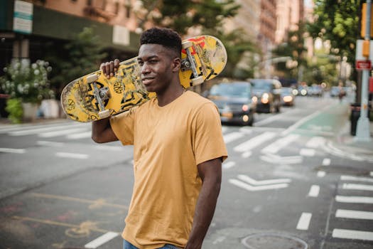 Smiling fit African American male skater in casual shirt standing with skateboard on shoulder on urban street and looking away contentedly