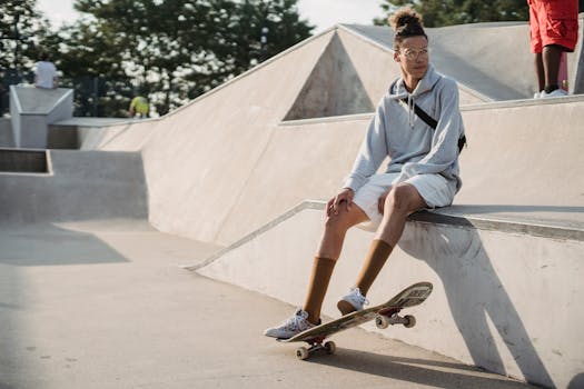 Young man wearing hoodie and glasses sitting on concrete ramp for skateboarding while resting after training with board on sunny day