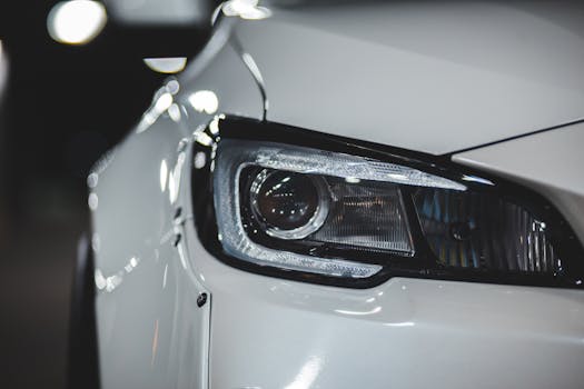 Detail of a modern car headlight showcasing contemporary design and technology.
