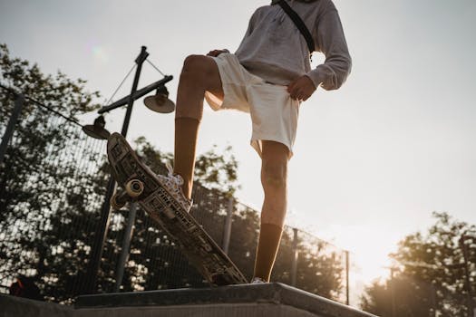 A young skateboarder stands confidently at the skate park during sunset.