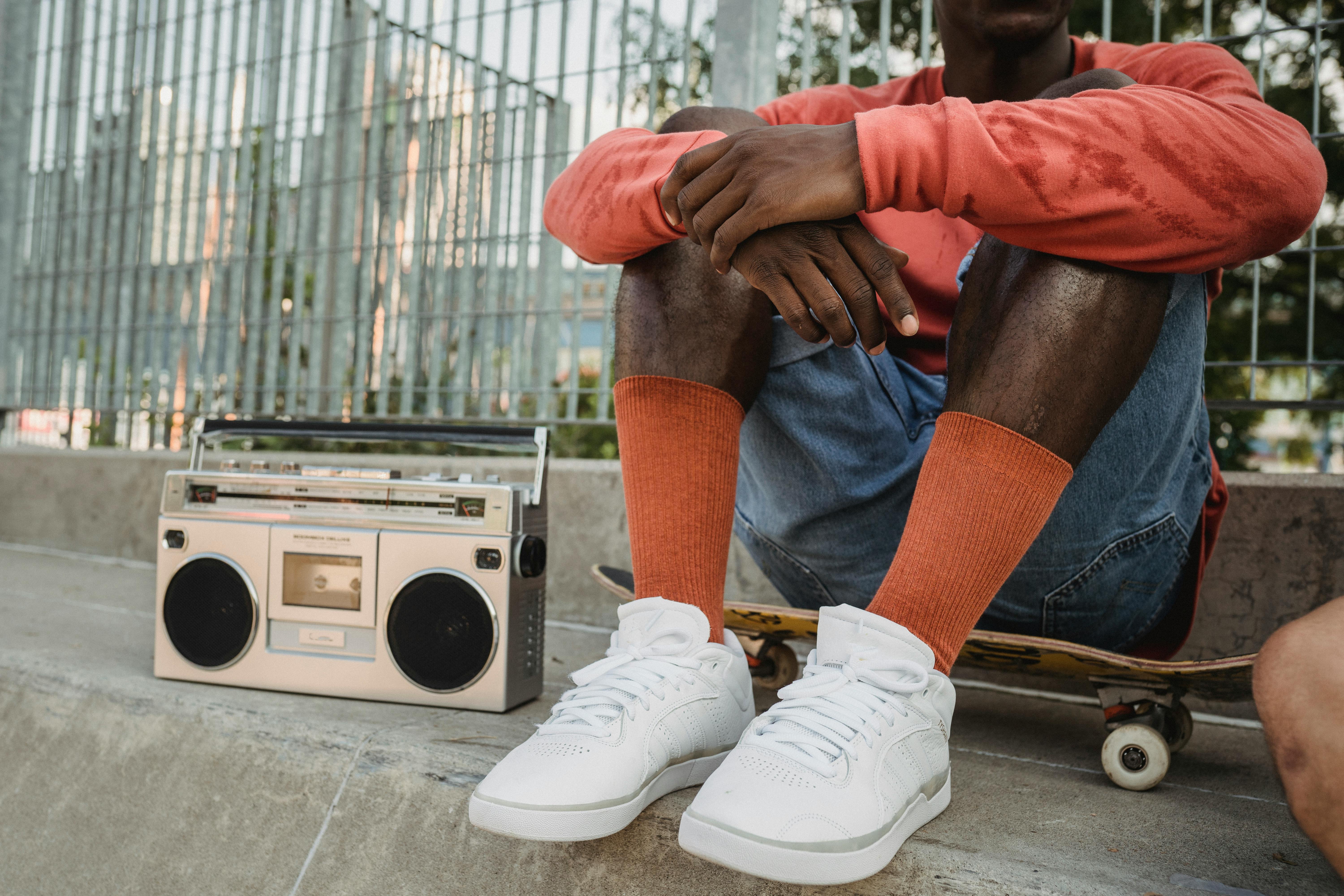 crop black man with boombox