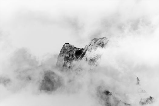 Stunning black and white image of the Himalayan mountains enveloped in fog, evoking mystery and grandeur.