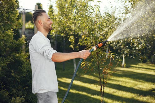 Free Man in White Long Sleeve Shirt Watering Plants Stock Photo