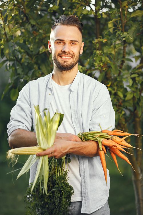 Free A young farmer holding a bunch of fresh carrots and corn, smiling in his garden. Stock Photo