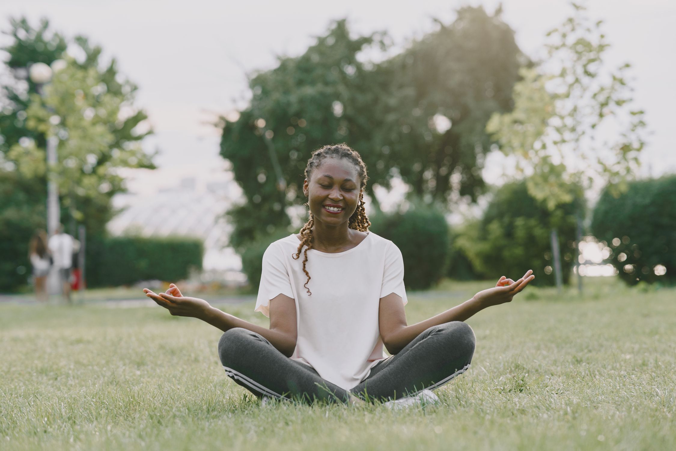 Ambiente tranquilo na natureza com árvores, representando a paz mental alcançada com a meditação
