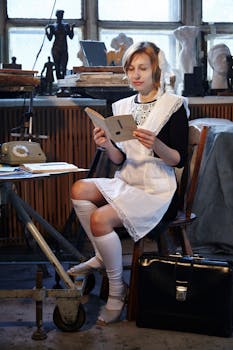 Woman in a vintage outfit reading a book at a retro desk indoors.