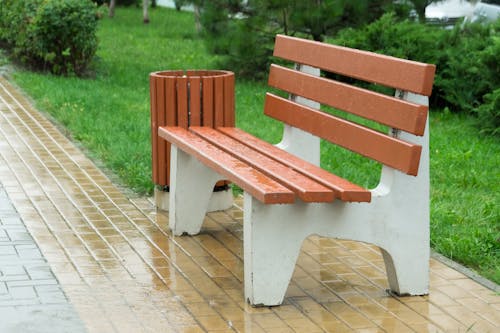 Free stock photo of bench, bin, brown