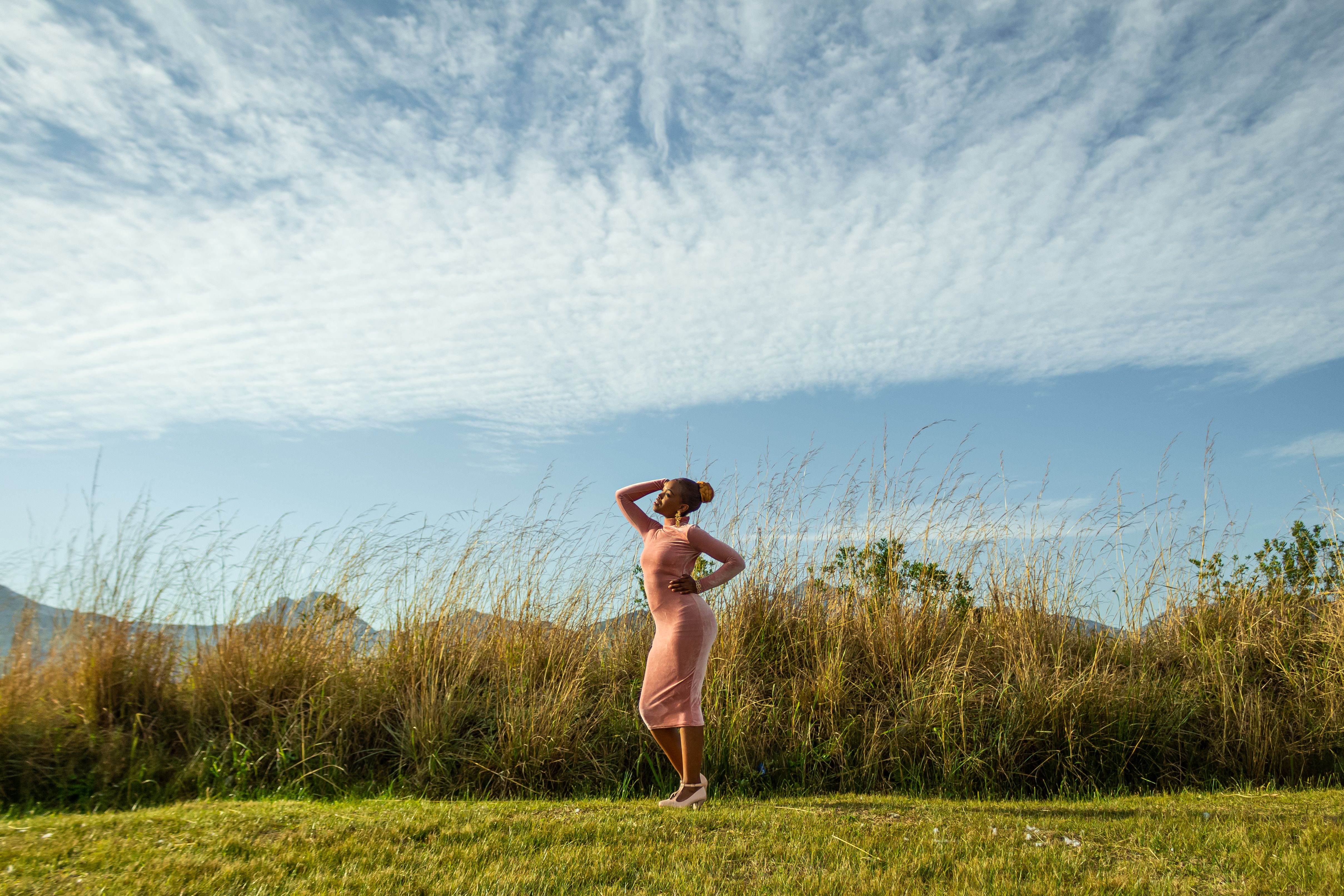 Woman in Pink Dress Standing on Green Grass Field Under Blue Sky · Free ...