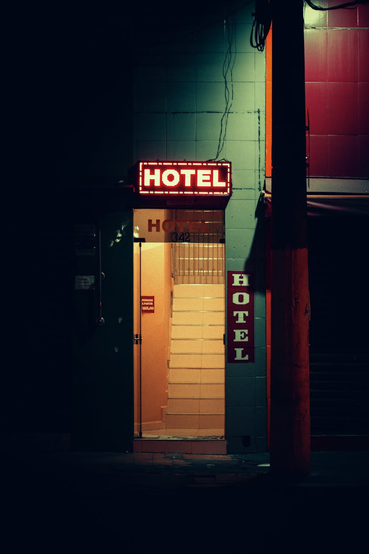 Hotel Entry With Signboard At Night