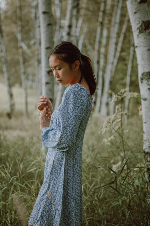 Side view of young gentle peaceful Asian female standing among high trees and grass in woodland