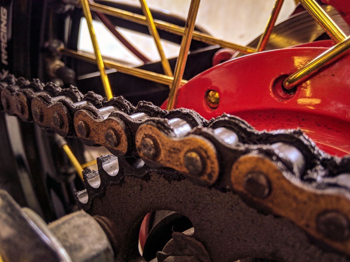 Detailed close-up of bicycle chain gears and drivetrain components