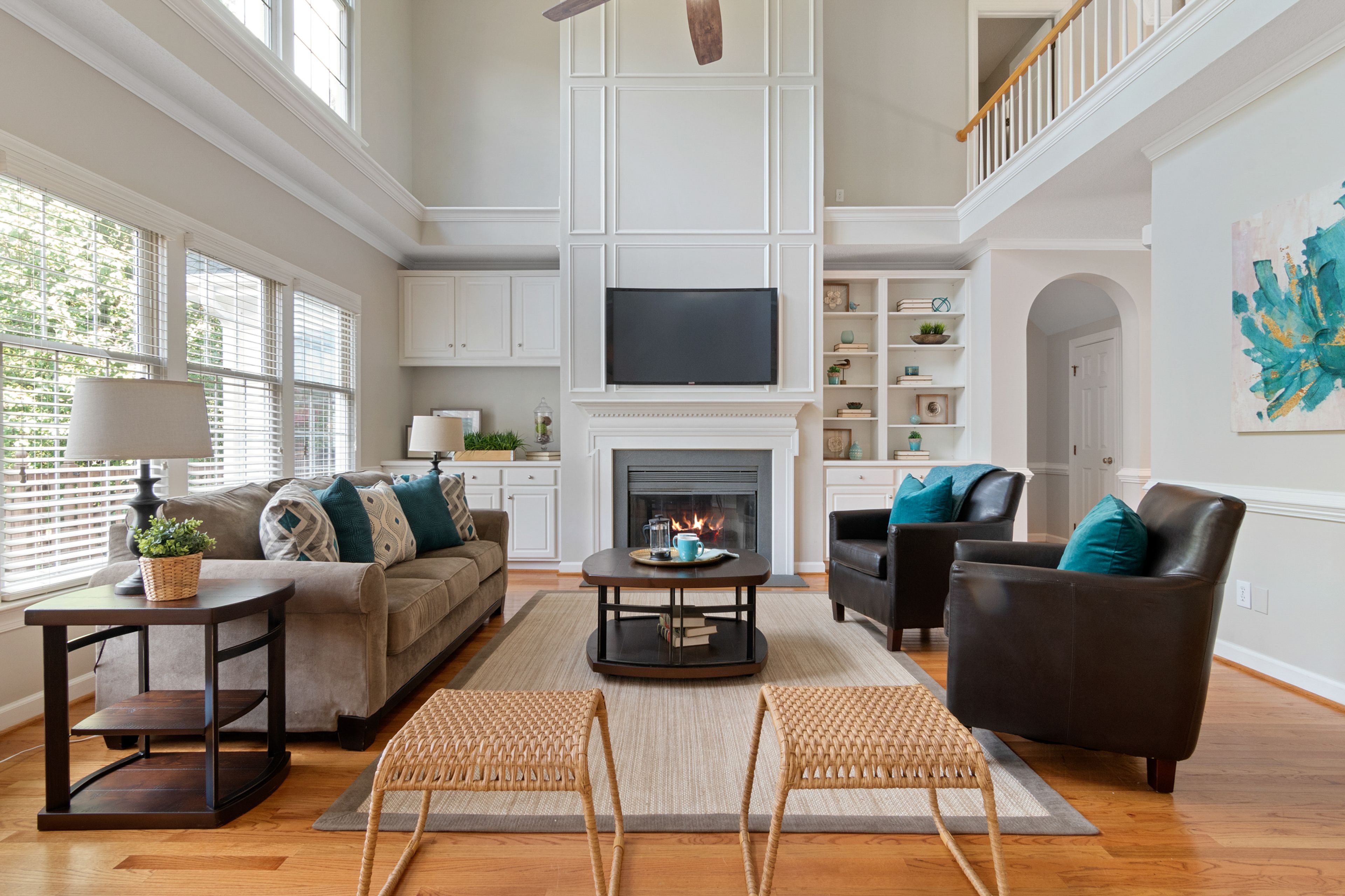 A living room around a fireplace