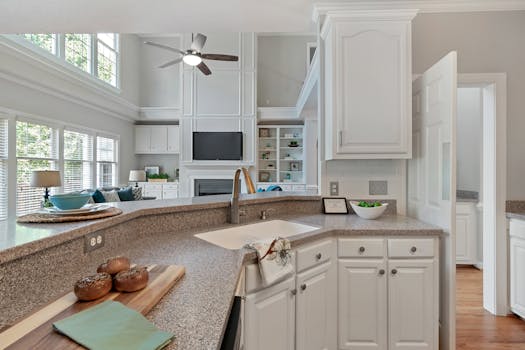 Spacious contemporary kitchen design with granite countertops and white cabinets.