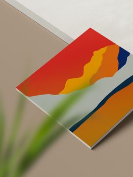 从上方俯瞰，画布上绘有图画，灯光工作室的地板上摆放着色彩缤纷的颜料，其间点缀着绿色植物