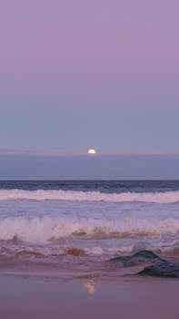 Capture of a tranquil Sydney beach with the moon rising over the horizon at dusk, showcasing pink and purple hues.