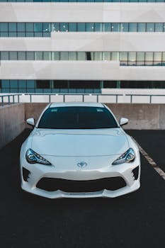 Front view of a white luxury car parked in a modern urban setting against a building backdrop.