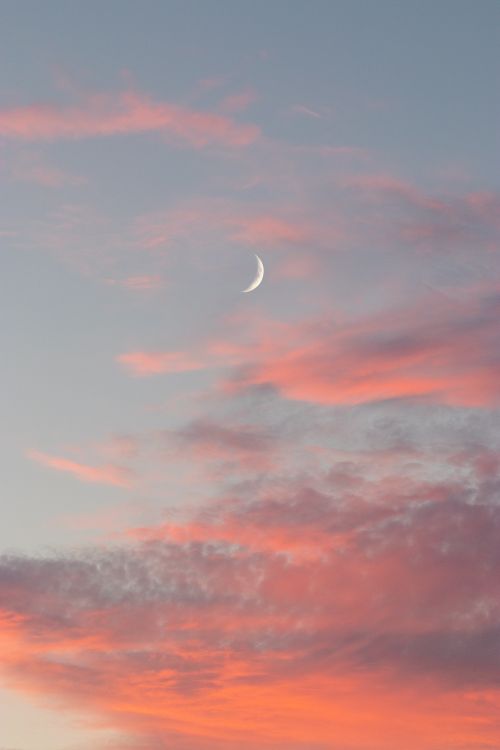 Free From below of bright crescent in blue sky with fluffy clouds in light of evening sunset Stock Photo