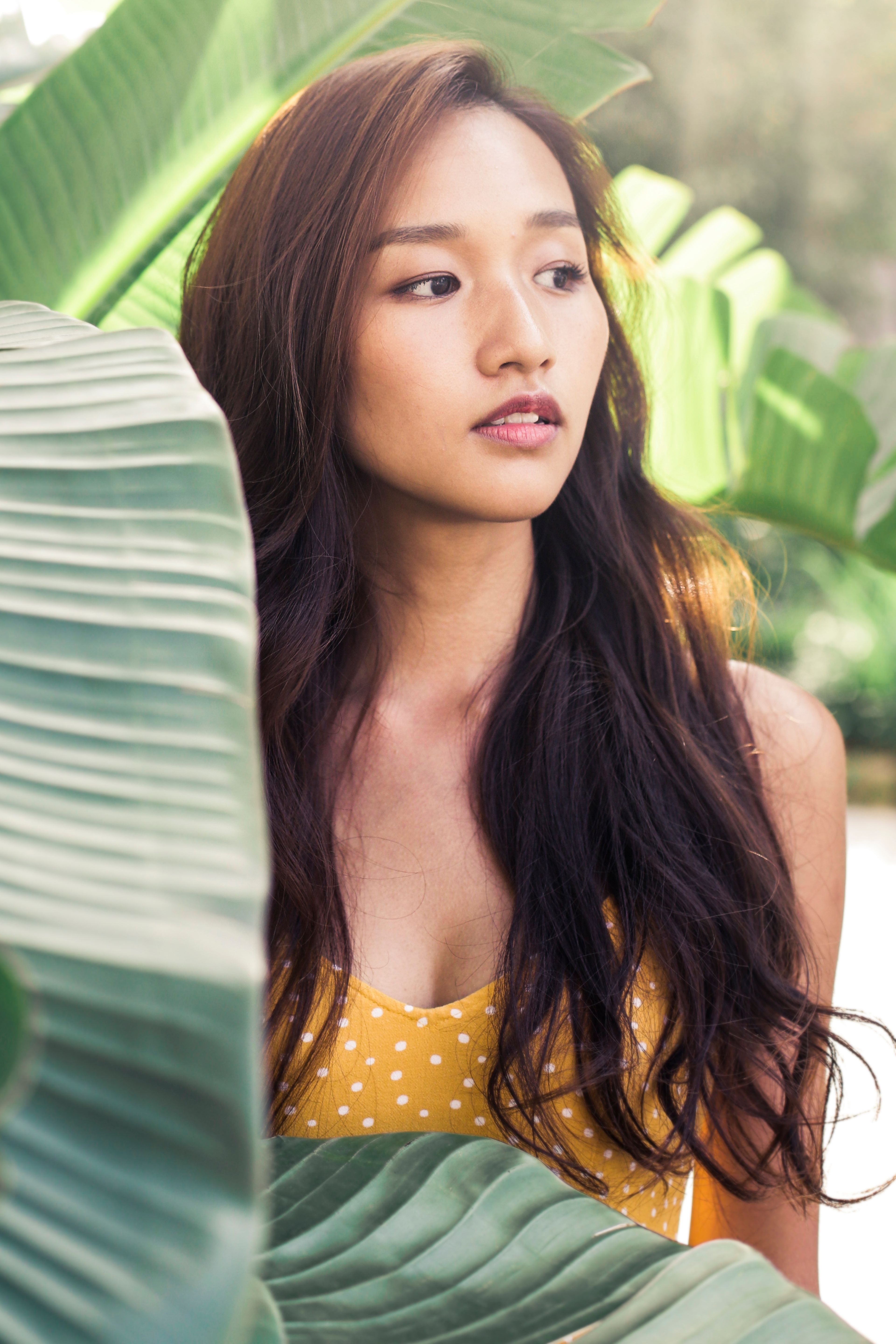 阳光明媚的热带花园里，绿树成荫，一名年轻女子若有所思地站在那里