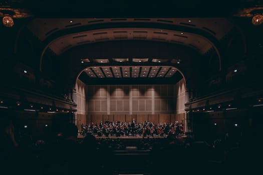 Orchestra performing a symphony in a grand theater, showcasing exquisite classical music.