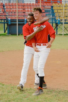 Two baseball players in red jerseys celebrating on a sunny day at a baseball field.