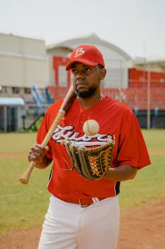 African American baseball player holding bat and glove on field.