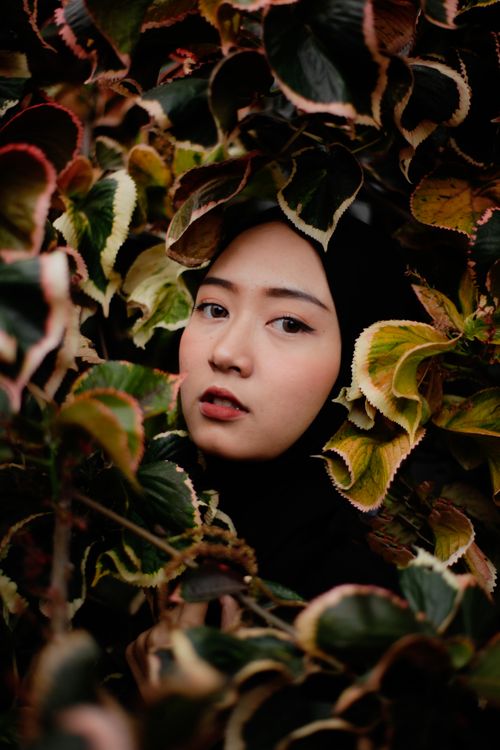 Free A beautiful portrait of a woman surrounded by colorful leaves, showcasing natural beauty and serenity. Stock Photo