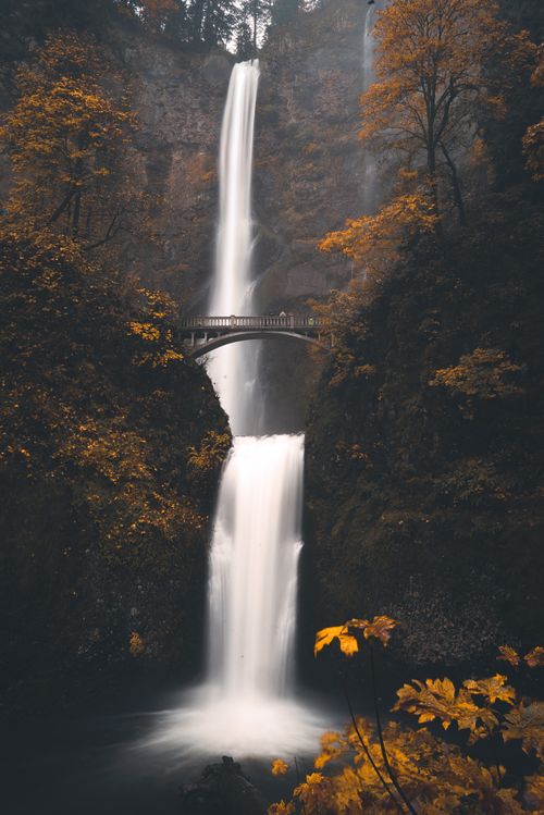 Free Picturesque scenery of bridge crossing waterfall flowing through rocky cliff in autumn forest with golden trees Stock Photo