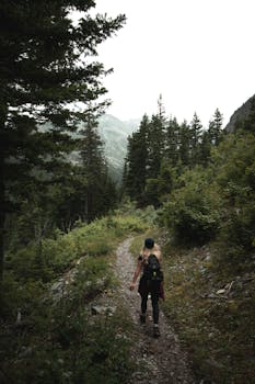 Female hiker enjoying a scenic forest trail in Montana with mountains in the background.
