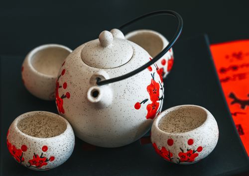 Free Close-up of a decorative tea set featuring a traditional floral design, ideal for cultural or culinary themes. Stock Photo