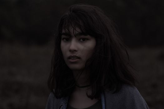 Young wistful female with black tousled hair looking at camera while standing in nature in evening time on blurred background