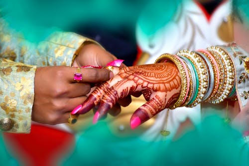 Close up of Woman Hand with Bracelets and Henna Tattoo