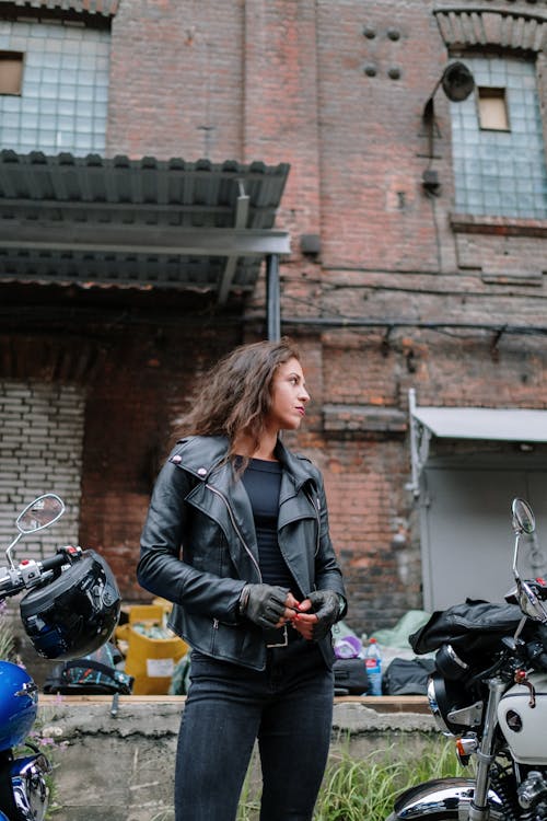Woman in a Leather Jacket Looking Sideways