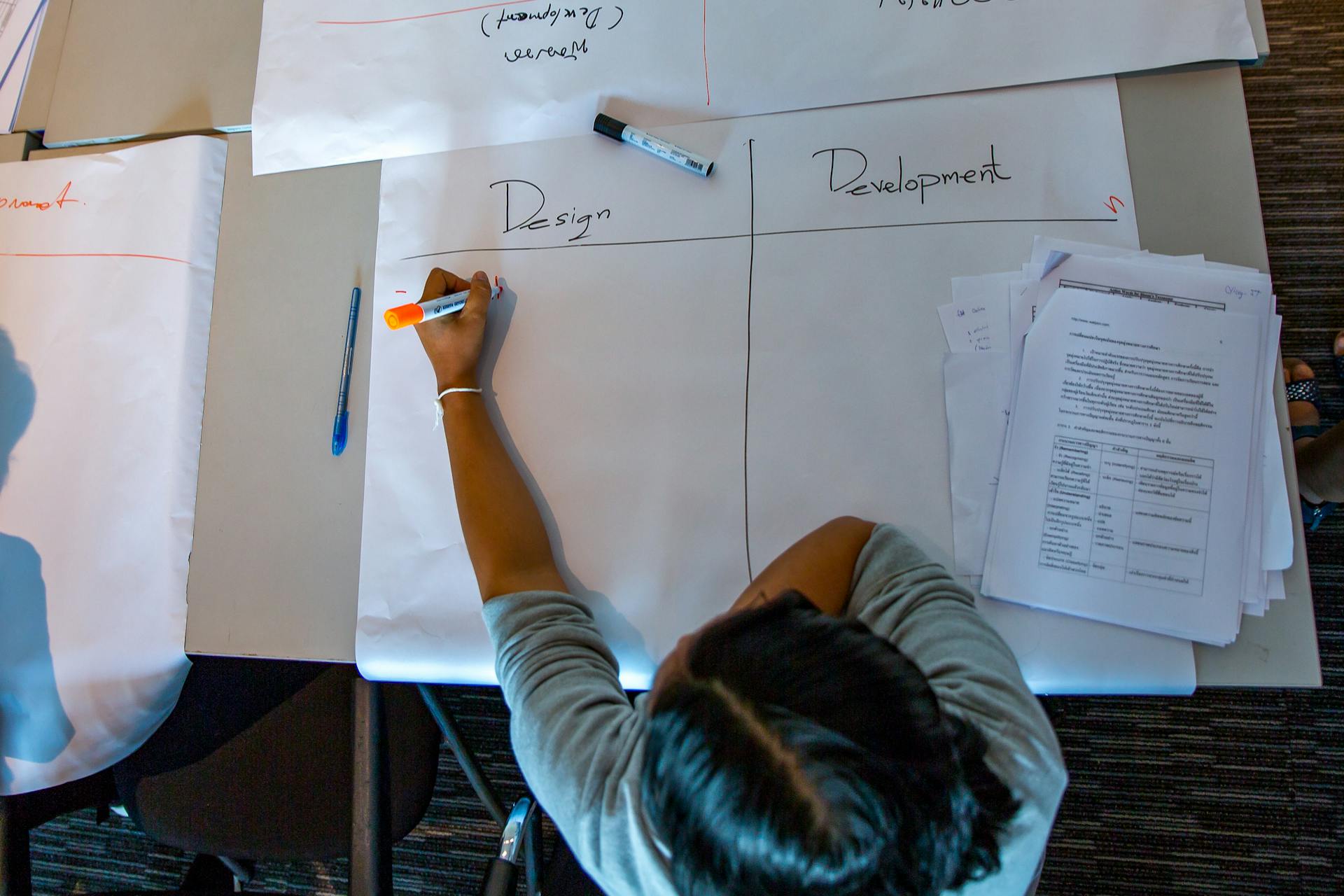 Woman engages in design and development planning at a desk with large papers and work documents.