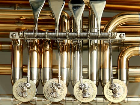 Detailed close-up of shiny brass musical instrument valves showcasing intricate metalwork.