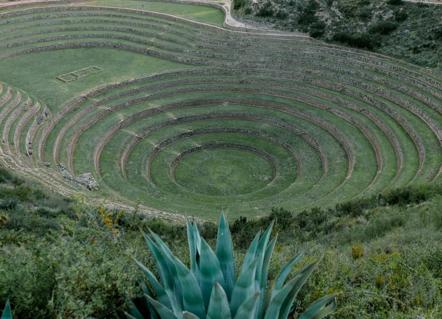 Aerial view of ancient Incan agricultural terraces in Moray, Peru.