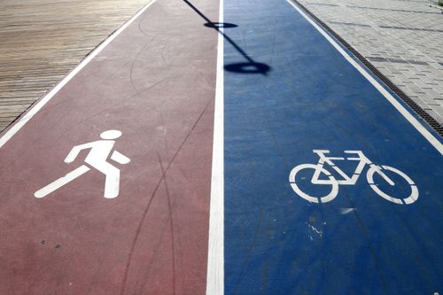Free Pathway with bicycle and pedestrian signs in Istanbul, Turkey. Stock Photo