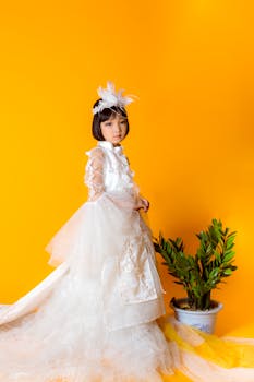 一个穿着优雅白色连衣裙的孩子，在充满活力的橙色背景下，站在一盆植物旁摆姿势