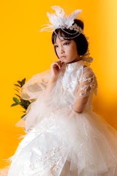 一位年轻女孩身着优雅的白色连衣裙，头戴发饰，背景是明亮的黄色