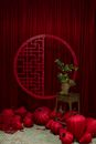 红灯笼和盆栽树装点着中国传统环境，营造出优雅喜庆的氛围