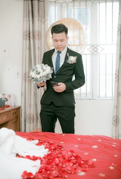 Asian groom in black suit holding a bouquet in a tastefully decorated room with red accents.