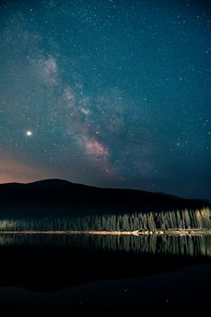 星空令人惊叹，银河系下倒映着山与湖